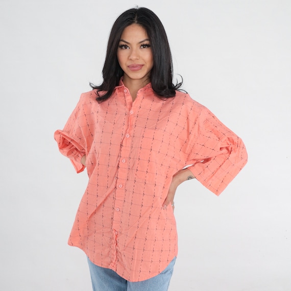 Pink Checkered Shirt 90s Button up Shirt Retro Preppy Collared Shirt 3/4 Sleeve Peach Oxford Button Down Cotton Vintage 1990s Mens Medium