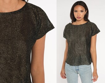 Glitter Top 90s Sheer Metallic Blouse Sparkly Black Gold Shirt Short Sleeve Glittery Glam Going Out Party Top Festival Vintage 1990s Medium