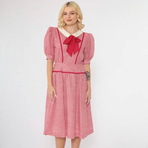 Checkered Cottagecore Dress Red Gingham Dress Bow Neck Puff Sleeve Midi Dress High Waisted Contrast Collar Preppy Retro Small
