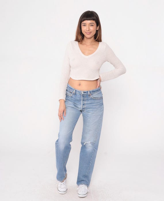 90s Levi 501 Jeans Light Wash Button Fly Distressed Denim Classic Vintage Blue Faded Relaxed Fit Cotton Stonewash Boyfriend Fit 34 x 36