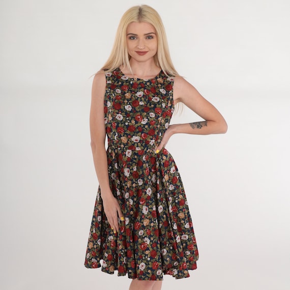 Floral Sundress 90s Mini Dress Sleeveless Day Dress High Waisted Fit Flare Navy Blue Flower Rose Print Sun Bohemian Vintage 1990s Medium