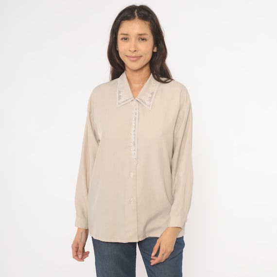 Lace Collar Cream Blouse Long Sleeve Ivory Cotton Top Off White Floral Trim Feminine Shirt Coquette Prairie Vintage Women Medium M