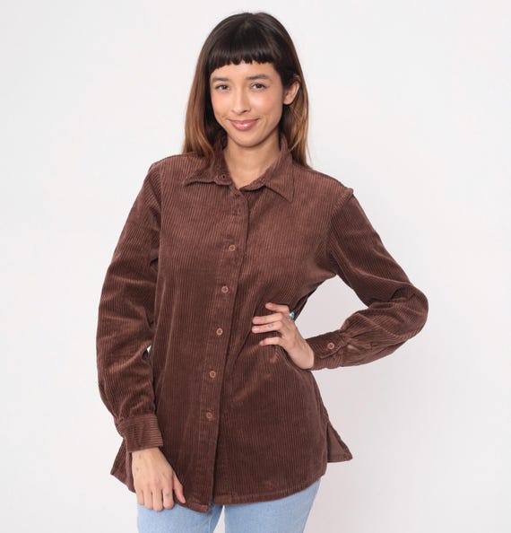 Brown Corduroy Shirt Y2K Long Sleeve Collar Vintage 90s Minimalist Dark Academia Grandpacore Cotton Blouse Preppy Classic Earthy Medium M