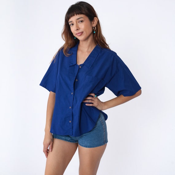 Royal Blue Blouse 80s Button Up Shirt Retro Plain Simple Short Sleeve Top Chest Pocket Preppy Basic Collared Simple Vintage 1980s Large L