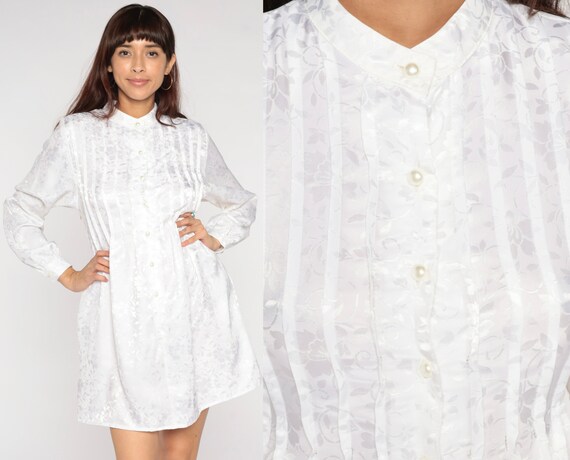 Embossed Floral Dress 80s White Mini Dress Tuxedo Pleat Button Up Shirtdress Retro Boho Chic Formal Long Sleeve Vintage 1980s Extra Small xs