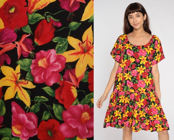 Bright Floral Dress 90s Tropical Flower Print Dre… - image 1