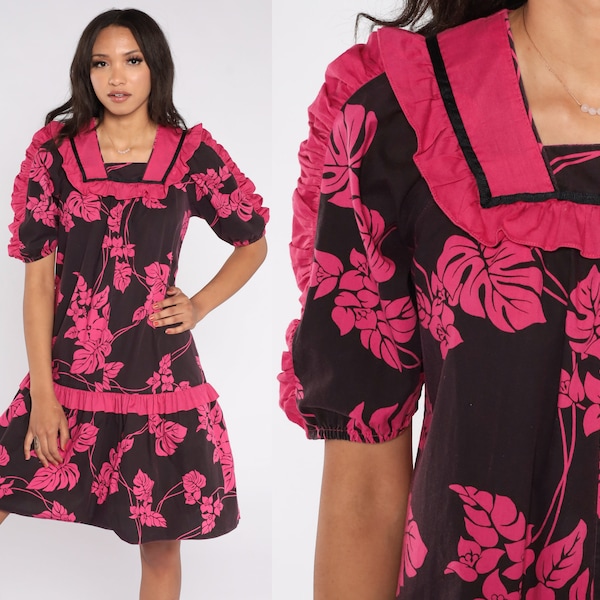 Hawaiian Tent Dress 90s Tropical Floral Mini Dress Black Fuchsia Pink Ruched Short Sleeve Ruffle Dress Summer Hippie Vintage 1990s Small 4