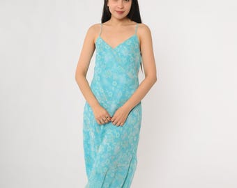 Vestido lencero Y2K con estampado floral azul agua, años 90, largo midi, estilo hawaiano, estilo grunge, estilo sirena, tirantes finos, sin mangas, talla grande L 12