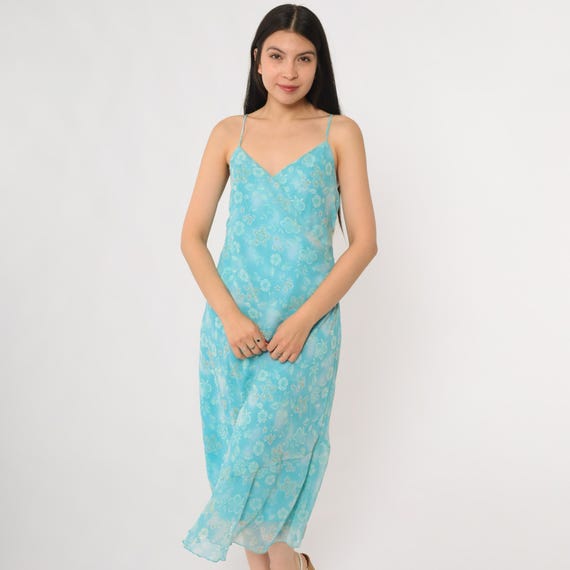Y2K Slip Dress Aqua Blue Floral Print 90s Midi Length Coquette Fairy Grunge Mermaidcore Summer Cami Spaghetti Strap Sleeveless Large L 12