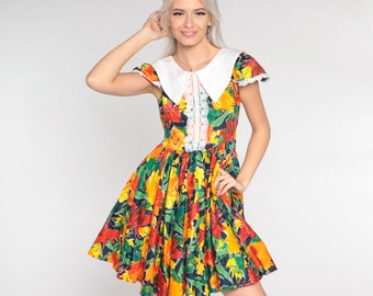 Gebloemde mini-jurk Y2k-kanten rand met kraag, kapmouw babydoll contrasterende kraag volledige rok Fit & flare tropische vintage jaren 00 Extra klein xs