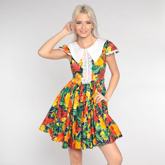 Floral Mini Dress Y2k Lace Trim Collared Cap Sleeve Babydoll Contrast Collar Full Skirt Fit and Flare Tropical Vintage 00s Extra Small xs