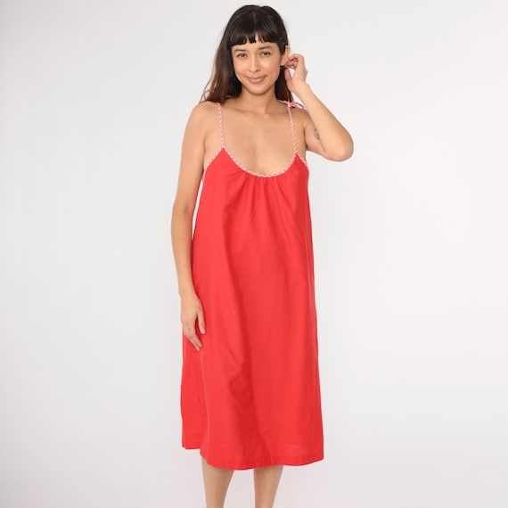 70s Sun Dress Red Spaghetti Strap Midi 1970s Vintage Boho Tent Dress Bohemian Hippie Sundress Plain Medium M