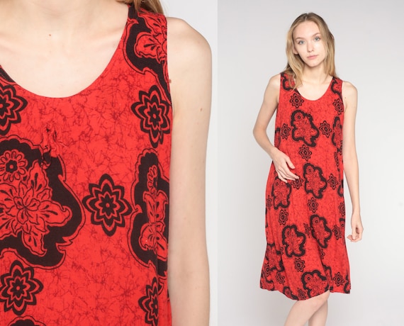 Tropical Floral Dress Y2K Red Hawaiian Midi Dress Summer Sundress Boho Tent Dress Day Sun Bohemian Sleeveless Flowy Vintage 00s Medium M