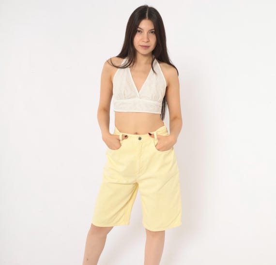 90s Yellow Denim Shorts High Waisted Cotton Bermuda Wide Leg Knee Length Pockets Summer Beach Preppy Collegiate Vintage Medium M