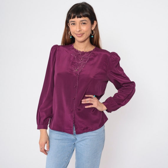 80s Purple Satin Blouse Puff Sleeve Top Floral Leaf Embroidered Button up Shirt Feminine Romantic Secretary Darling Vintage 1980s Large 12
