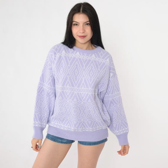 Vintage 80s Lavender Knit Sweater Pullover Diamond Geometric Print Crewneck Jumper Purple Jacquard Retro Acrylic 1980s Medium Large