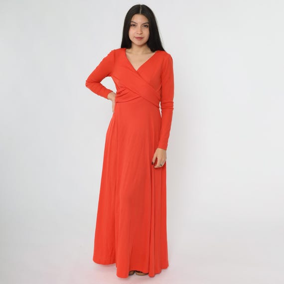 70s Grecian Maxi Dress Party Dress 1970s Wrap Front Red-Orange Boho Empire Waist Deep V Neck Gown Formal Dress Long Sleeve Medium M