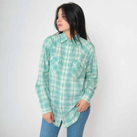 Plaid Western Shirt 90s Seafoam Green Pearl Snap Button Up Cowboy Checkered Rodeo Vaquero Top Long Sleeve Retro Vintage 1990s Men's Medium