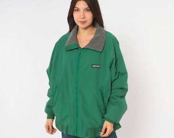90s Land's End Green Bomber Jacket Fleece Collar Zip Front Windbreaker Gorpcore Outdoor Preppy Sporty Boxy  Mens Unisex Vintage Large L