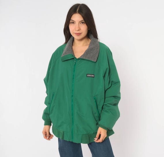 90s Land's End Green Bomber Jacket Fleece Collar Zip Front Windbreaker Gorpcore Outdoor Preppy Sporty Boxy  Mens Unisex Vintage Large L