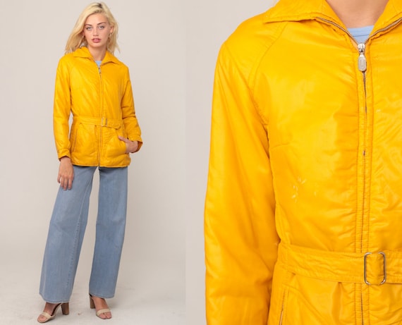 Retro Ski Jacket 70s Jacket HOODED Coat Bright Yellow Coat Winter Hood BELTED 1970s Puffy Jacket Hipster 1970s Vintage Extra Small xs