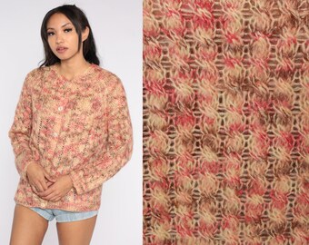 60s Cardigan Sweater Sheer Multicolor Pink Beige Brown Knit Button Up Sweater Retro Boho Hippie Earth Tone Bohemian Vintage 1960s Large L