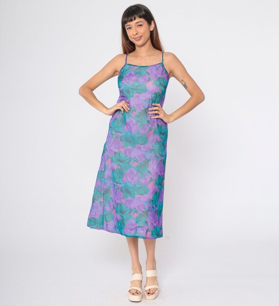 80s Floral Dress Midi Sundress Purple Green Blue Watercolor Flower Print Sleeveless A Line Garden Party Boho Vintage 1980s Extra Small xs