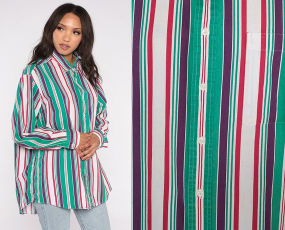 Striped Button Up Shirt 90s Cotton Collared Shirt Green Purple White Red Oxford Top Long Sleeve Boyfriend Vintage 1990s Men's Extra Large xl