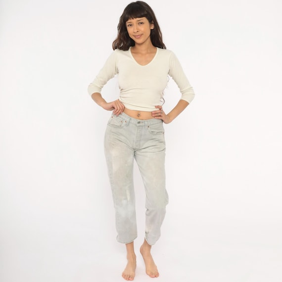 Levi 501 Jeans 2000s Light Grey Faded Denim Straight Leg High Rise Cropped Ash Cotton Distressed Bleached Grunge Vintage Pants Waist 30 W30