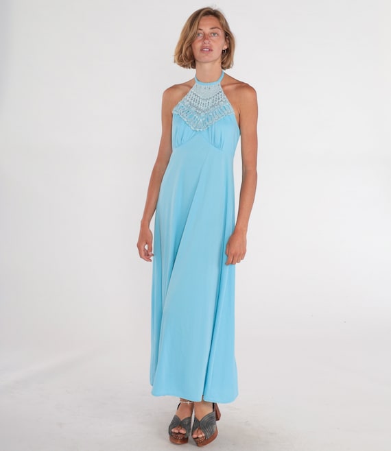 Long Blue Dress 70s Maxi Dress Crochet Trim Halter High Neck Open Back Sleeveless Sundress Empire Waist Seventies Sun Vintage 1970s Small S