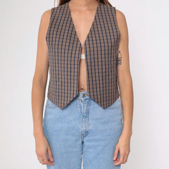 90s Reversible Patchwork Vest Vintage Chambray Pl… - image 7