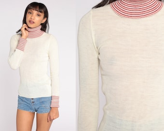 70s Sweater Retro Turtleneck Sweater Off-White Striped Boho Knit High Neck Red Sweater 1970s Vintage Funnel Neck Pullover Small xs s