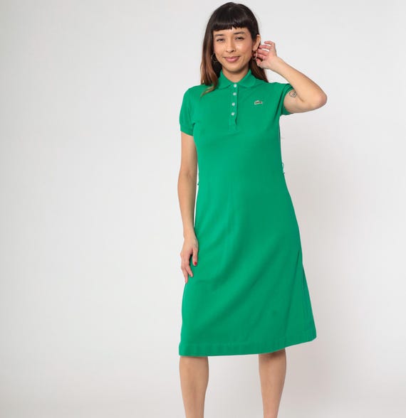 70s Lacoste Green Polo Dress David Crystal Cotton Blend Tennis Preppy Collared Mid Length Button Front Summer Sportswear Vintage Medium M
