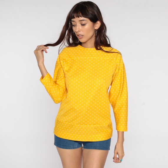 Polka Dot Shirt 70s Top Yellow Blouse Boho Disco 1970s Drop Shoulder Shirt Polyester Vintage Long Sleeve Top Medium