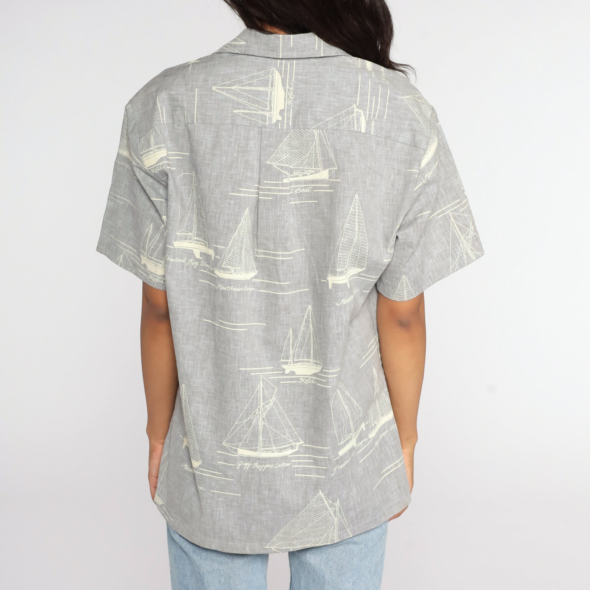 Sailboat Shirt 80s Boat Shirt Grey Nautical Sailor Button Up Shirt ...