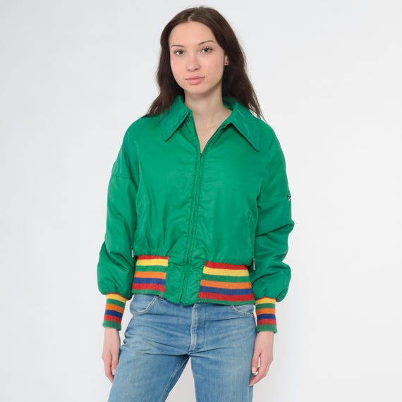 Vintage Green Puffer Jacket 70s Rainbow Striped Ski Jacket Retro Puffy Coat Winter Bomber 1970s Puff Zip Up Coat Alpine Designs Small