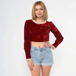 Vintage Velvet Crop Top Red Lace Trim Mod Blouse 60s 70s Long Puff Sleeve Cropped Shirt Hippie Boho Bohemian Cocktail Party Extra Small xs