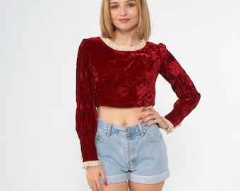 Vintage Velvet Crop Top Red Lace Trim Mod Blouse 60s 70s Long Puff Sleeve Cropped Shirt Hippie Boho Bohemian Cocktail Party Extra Small xs