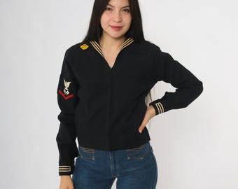 40s WW2 Black Sailor Top Vintage Military Uniform Long Sleeve Pullover Embroidered Eagle Patch Nautical Naval Wool Blend XS Extra Small