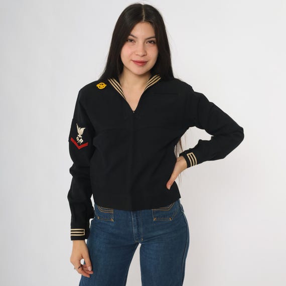 40s WW2 Black Sailor Top Vintage Military Uniform Long Sleeve Pullover Embroidered Eagle Patch Nautical Naval Wool Blend XS Extra Small