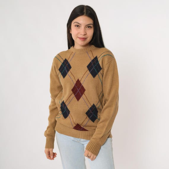80s Argyle Sweater Vintage Tan Knit Long Sleeve Pullover Preppy Nerd Aesthetic Geometric Patterned Knitwear Unisex Layering Top Medium M