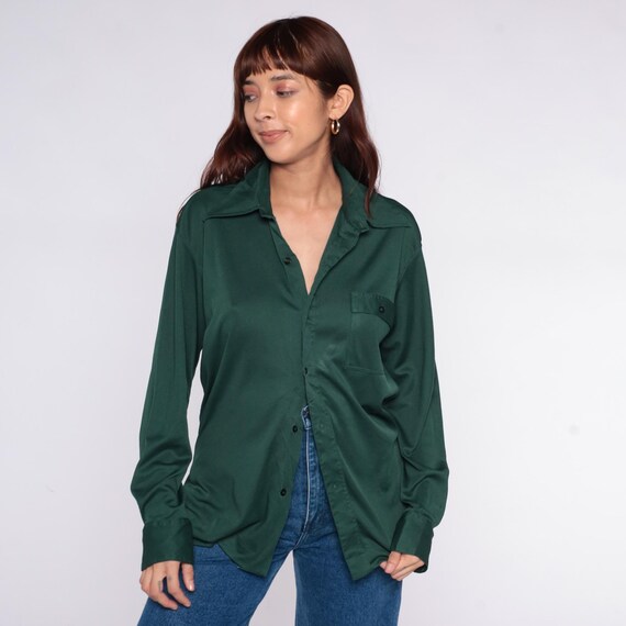 70s Forest Green Shirt Button Front Collared Long Sleeve Chest Pocket Vintage Blouse Preppy Minimal Classic Casual Disco Party Large L