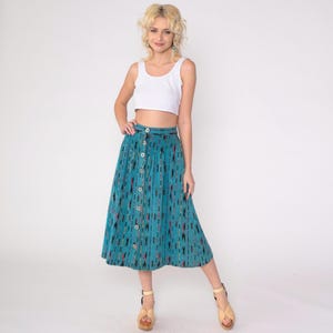 90s Ikat Skirt Teal Button Up Midi Southwestern 1990s Western Cowgirl Vintage High Waist Southwest Pocket Skirt Extra Small xs