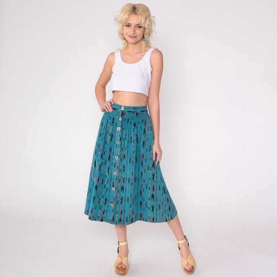 90s Ikat Skirt Teal Button Up Midi Southwestern 1990s Western Cowgirl Vintage High Waist Southwest Pocket Skirt Extra Small xs