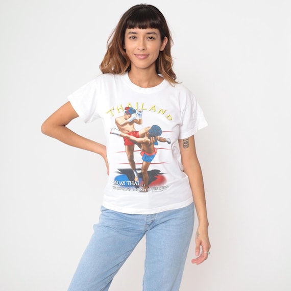 Thailand Muay Thai Boxing Y2K White Tshirt Vintage Short Sleeve Crew Neck Thai Boxing The Art Of Fighting Sports Kickboxing Medium M