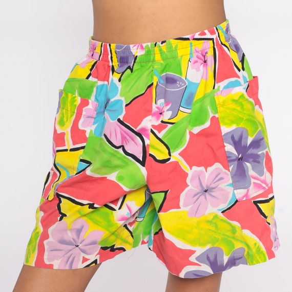 Tropical Floral Shorts 80s Beach Shorts Hibiscus Cocktail Elastic Waist Surfer High Waisted Retro Vintage 1980s Green Pink Yellow Medium