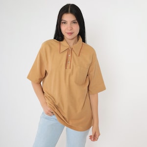 Vintage Tan Polo Shirt 70s Collared Retro Short Sleeve Top Plain 1970s Pointed Collar Preppy Blank Men&#39;s Large xl
