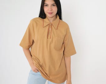 Vintage Tan Polo Shirt 70s Collared Retro Short Sleeve Top Plain 1970s Pointed Collar Preppy Blank Men's Large xl