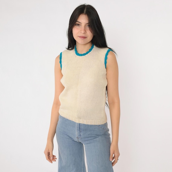 Vintage Knit Tank Top 70s Cream Sleeveless Sweater Vest Blue Trim 1970s Button Back Keyhole Cropped Fitted Retro Small xs