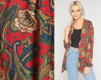 Red Paisley Jacket 90s Open Front Blazer Retro Floral Print Boho Hippie Summer Coat Groovy Bohemian Hippie Festival Vintage 1990s Large L